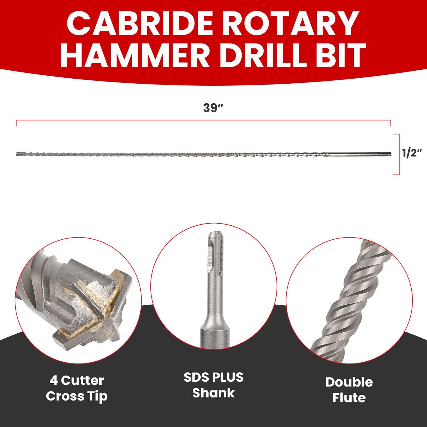 1/2 in X 39 in SDS Plus Bits, Rotary Hammer Drill Bits