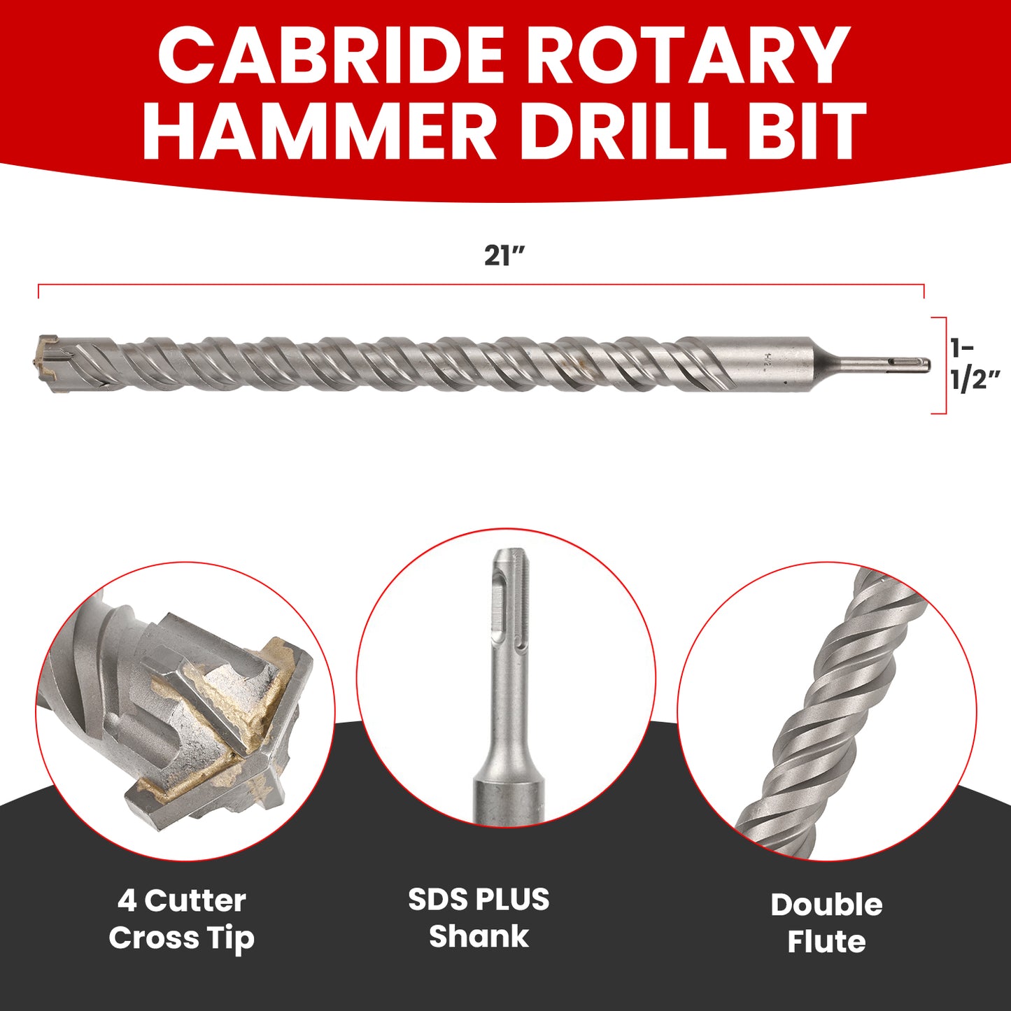 1-1/2 in X 21 in SDS Plus Bits, Rotary Hammer Drill Bits