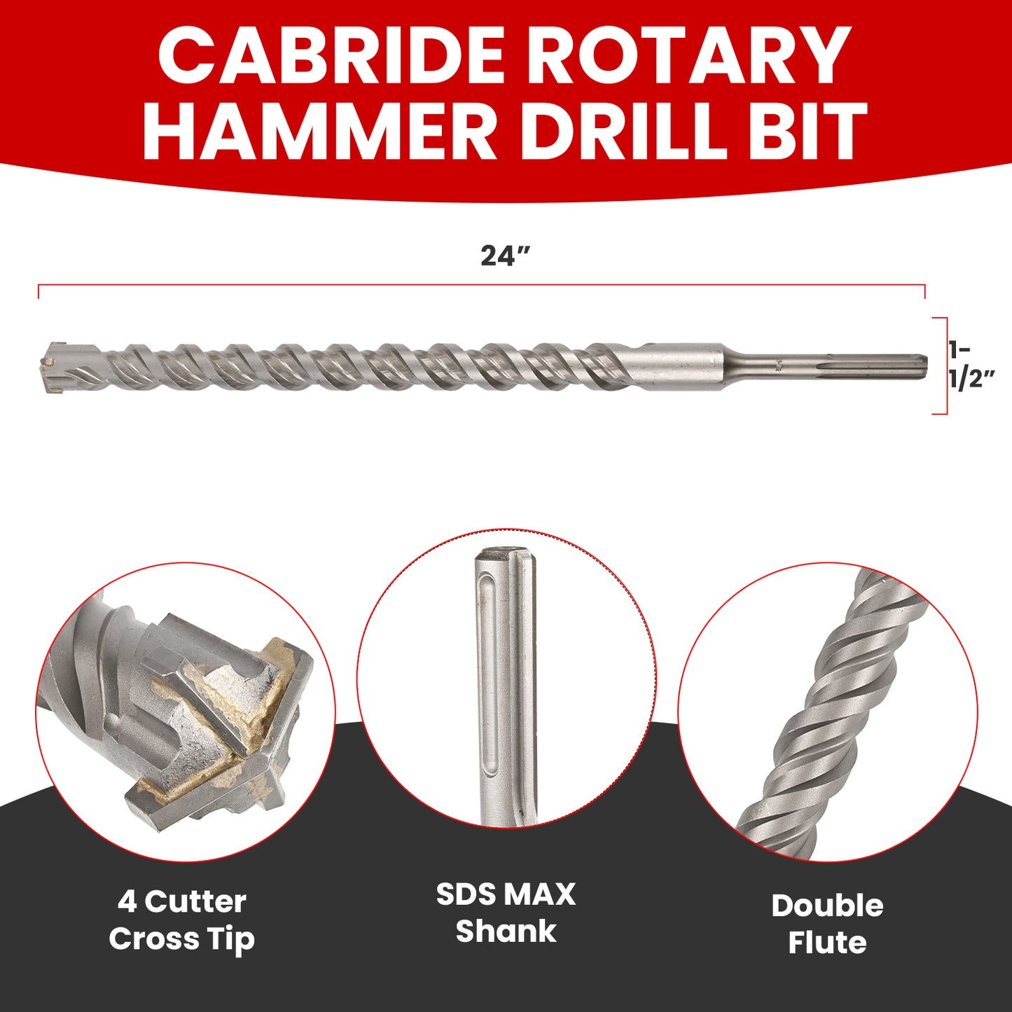 1-1/2 in X 24 in SDS MAX Bit, Rotary Hammer Drill Bits