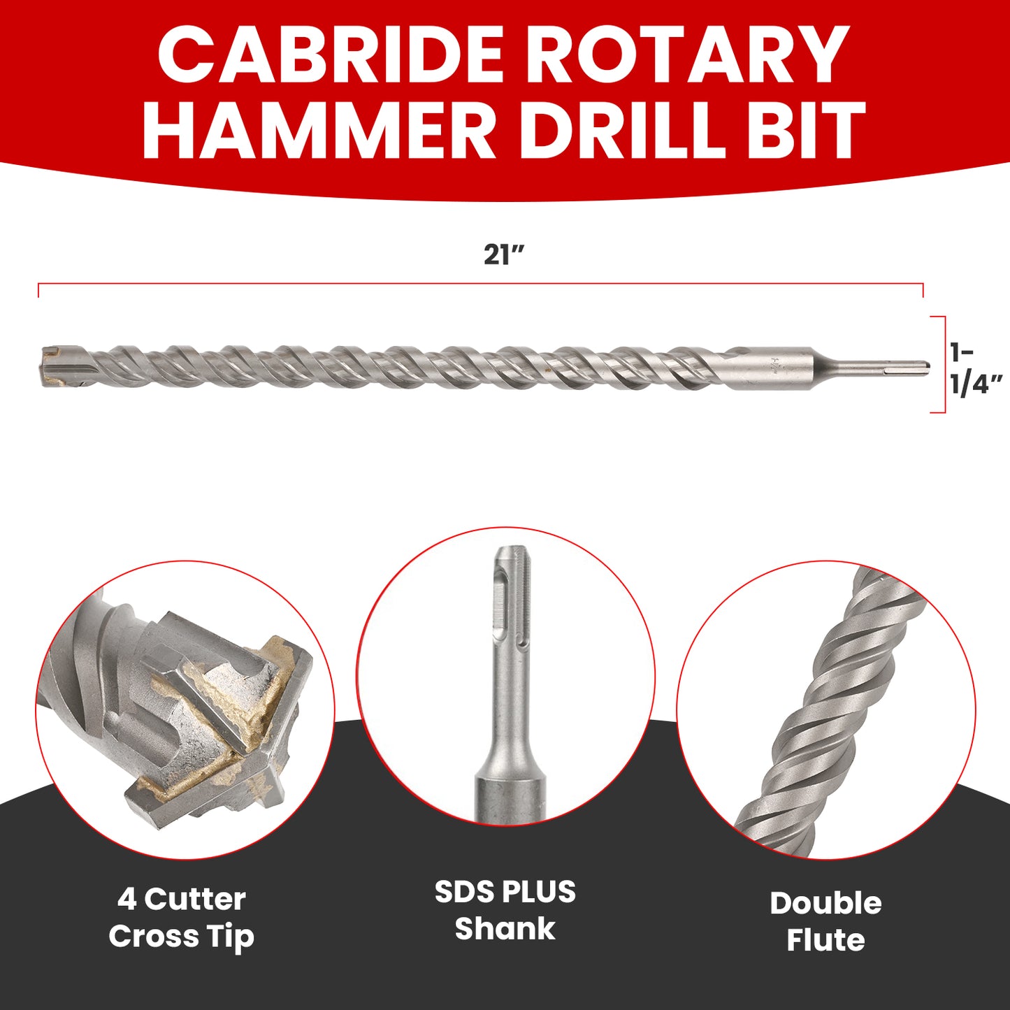 1-1/4 in X 21 in SDS Plus Bits, Rotary Hammer Drill Bits