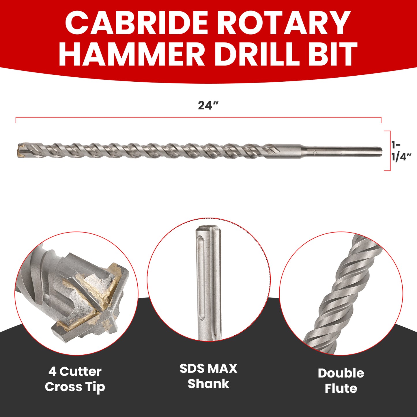 1-1/4 in X 24 in SDS MAX Bit, Rotary Hammer Drill Bits