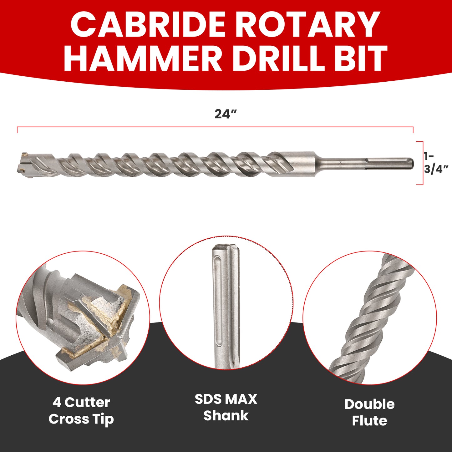 1-3/4 in X 24 in SDS MAX Bit, Rotary Hammer Drill Bits