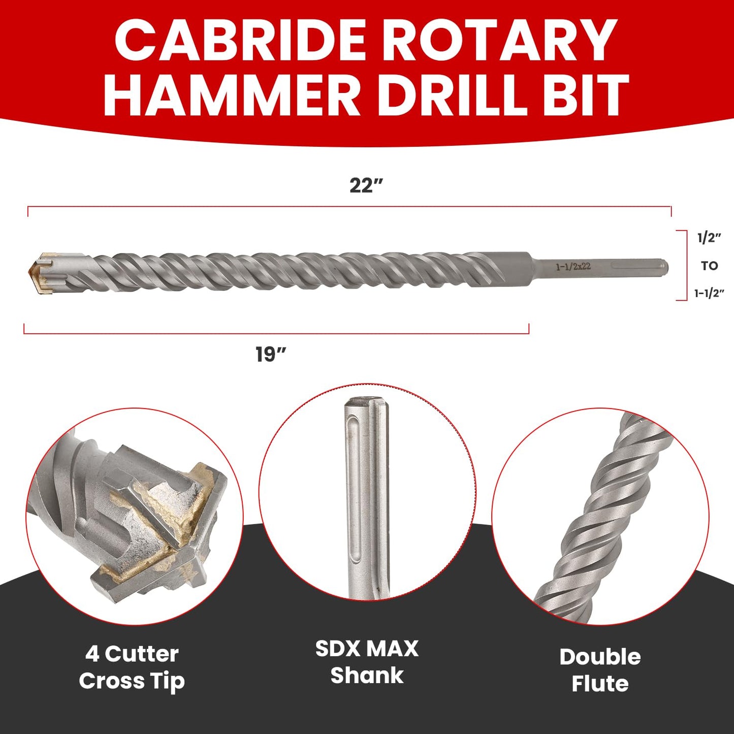 8 PCS Set SDS MAX Bits, 22 Inch Long 1/2" to 1-1/2" Diameter, Rotary Hammer Drill Bits, Masonry Drill Bits for Concrete, SDS MAX, Masonry Drill Bit Set, Concrete Drill Bit Set