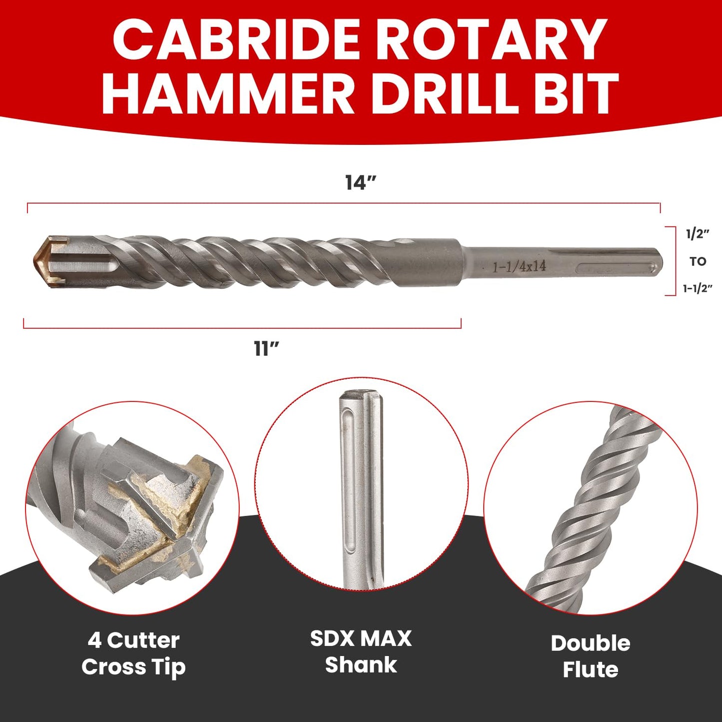 8 PCS Set SDS MAX Bits, 14 Inch Long 1/2" to 1-1/2" Diameter, Rotary Hammer Drill Bits, Masonry Drill Bits for Concrete, SDS MAX, Masonry Drill Bit Set, Concrete Drill Bit Set