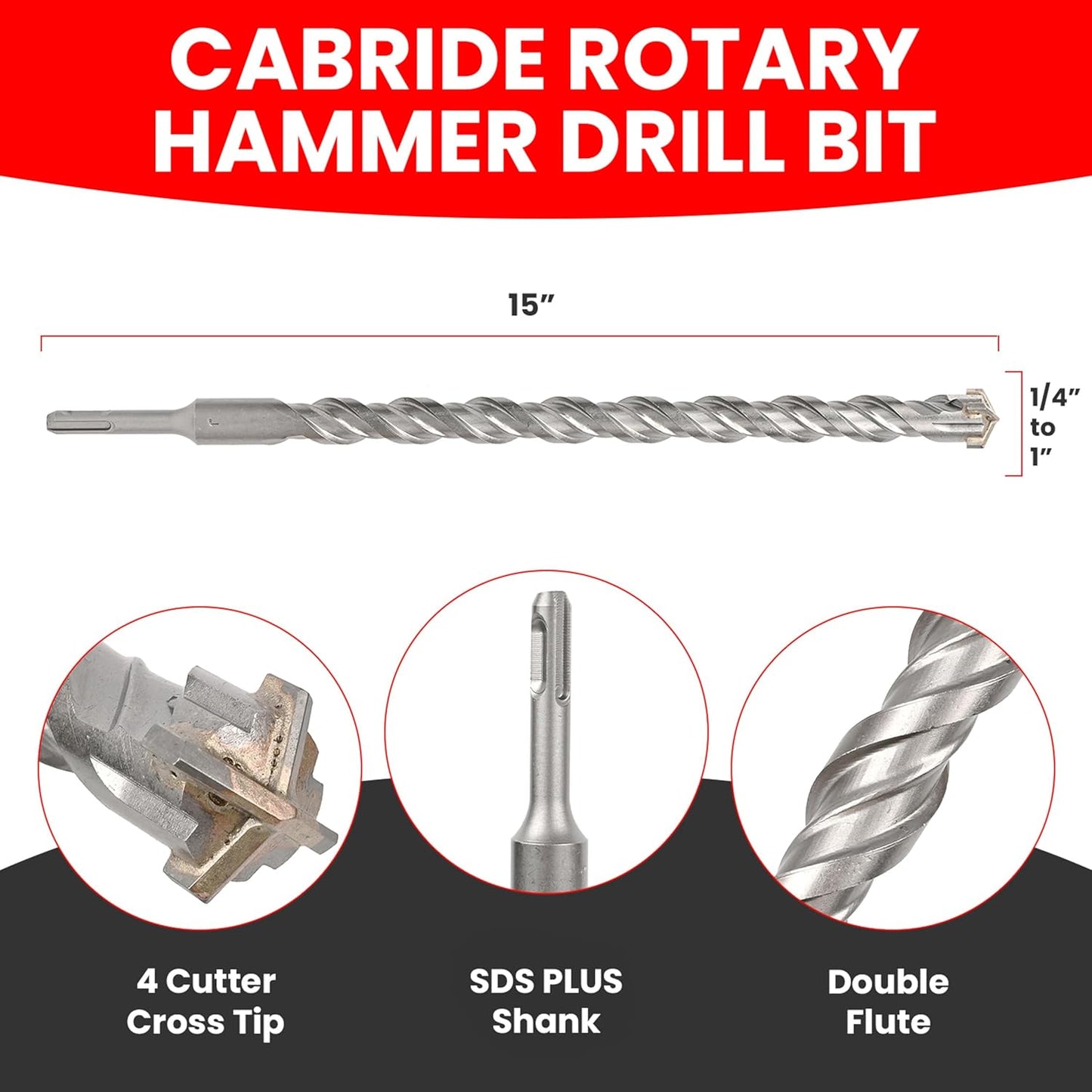 8 PCS Set SDS Plus Bits, 15 Inch Long 1/4" to 1" Diameter, Rotary Hammer Drill Bits, Masonry Drill Bits for Concrete, Masonry Drill Bit Set, Concrete Drill Bit Set, brocas para concreto