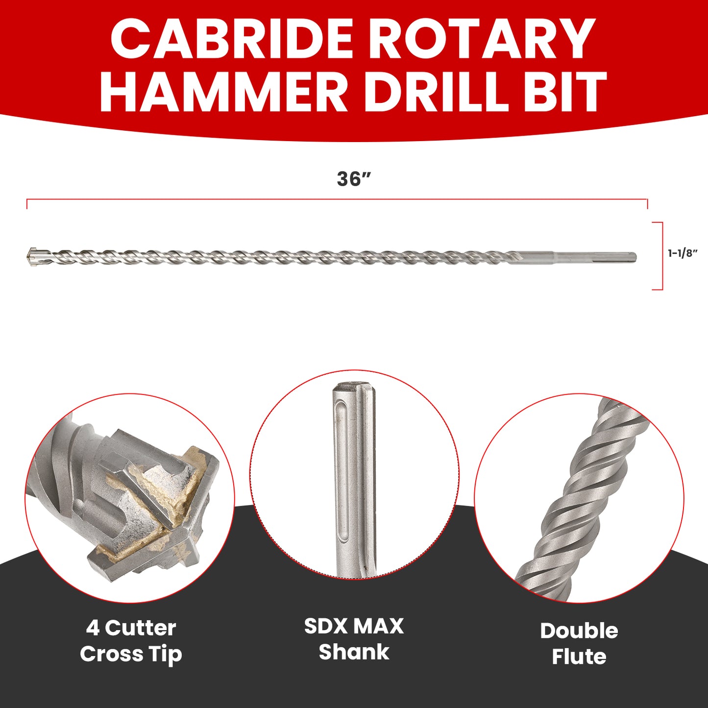 1-1/8 in X 36 in SDS MAX Bits, Rotary Hammer Drill Bits